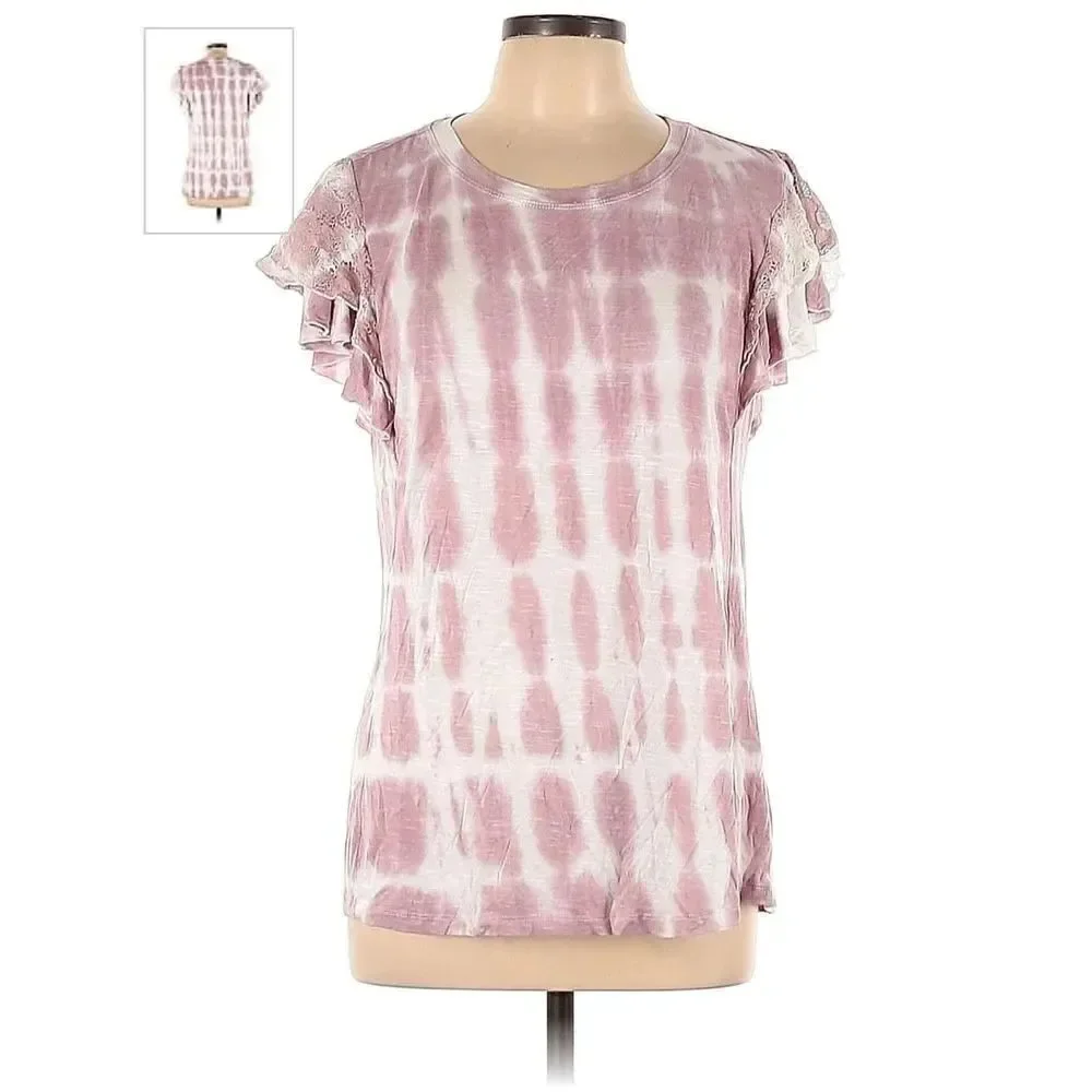 Knox Rose tie-dye top, pink and white, ruffled sleeves, size medium